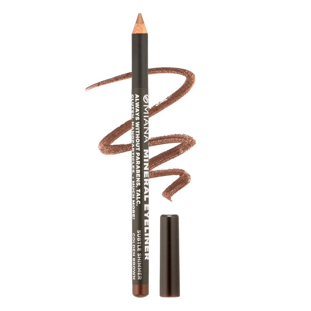 Brown mineral makeup eyeliner pencil with a swatch on a white background | Omiana