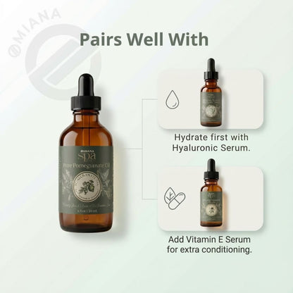 Bottle of pure pomegranate oil with text on how to use it as skincare, including pairing with a hyaluronic serum and vitamin E serum.