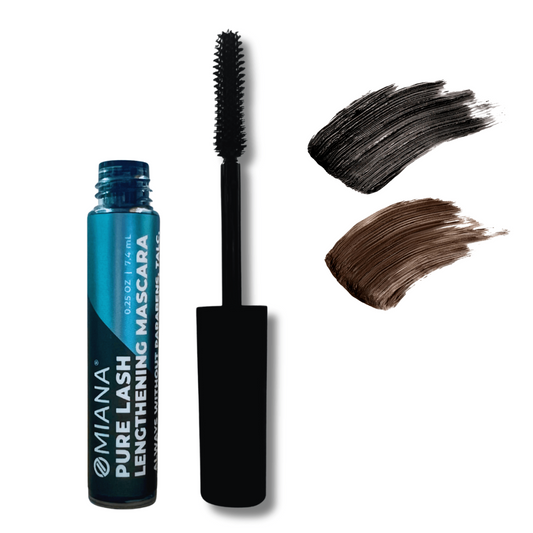 Pure Lash Lengthening Mascara with applicator and color swatch on a white background| Omiana