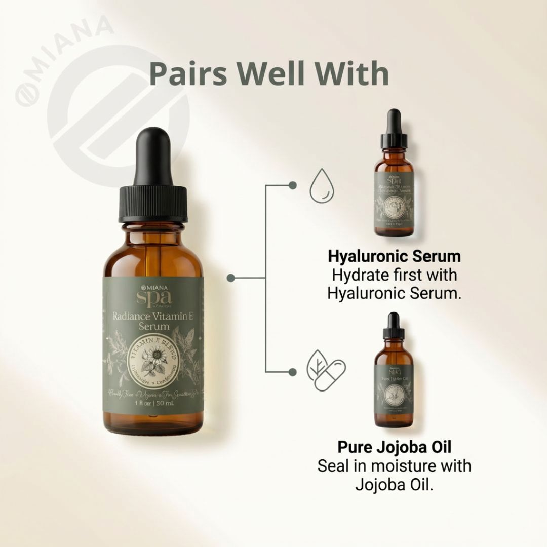 Omiana skincare oil bottles with text on a light background